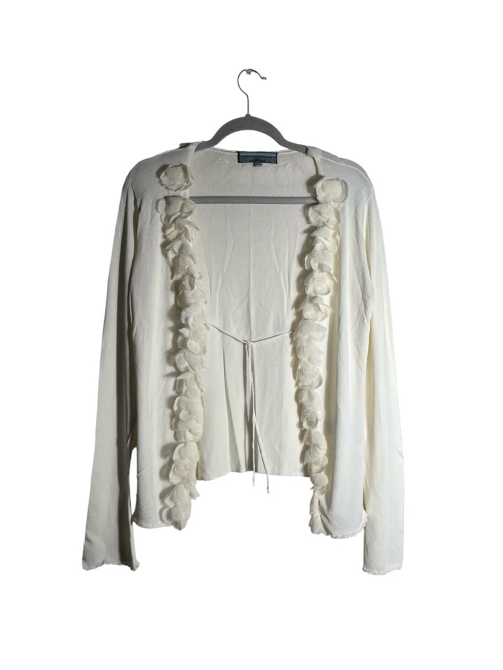 Elegant White Floral-Trim Open-Front Cardigan